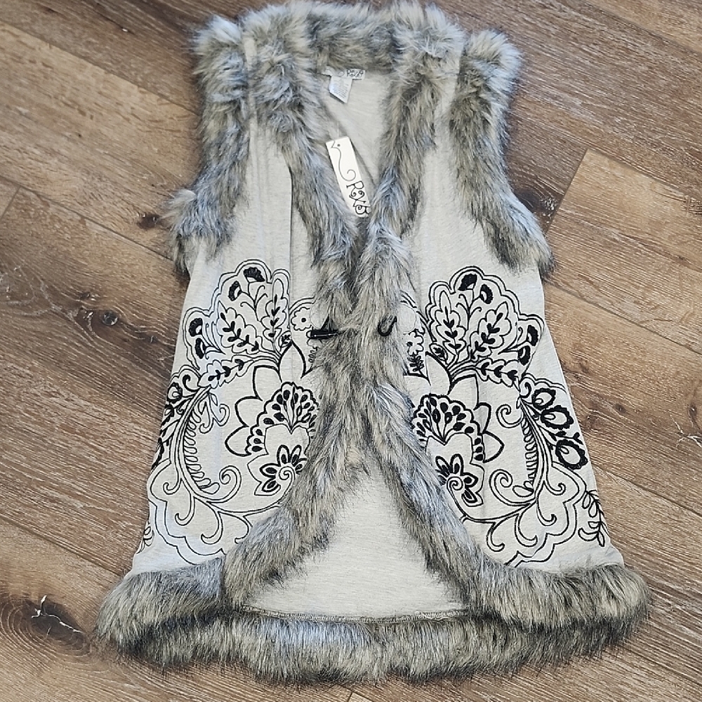 SOLD! SOLD! SOLD! NWT RXB Gray Embroidered Vest with Faux Fur Trim